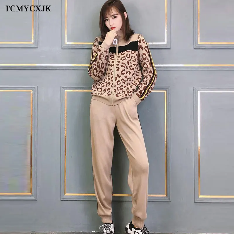 2022 Spring And Autumn New Sports And Leisure Women's Suit Leopard Knit Cardigan Sweater Jacket Two-piece Suits Pants Sportswear matching lounge set Women's Sets