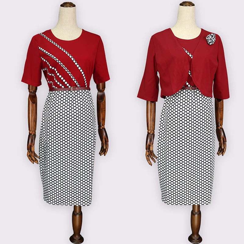 MD Robe Femme Africaine 2020 Women Plus Size Dress Coat Suit & Belt African Print Polka Dot Bodycon Dresses Office Lady Clothes
