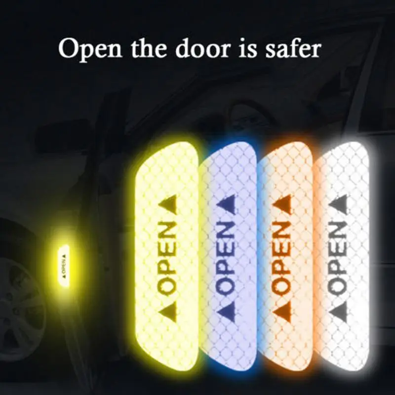 

4pcs Auto Car Door Open Sticker Reflective Tape Safety Warning Decal Scratchproof Prevent-bump Universal Night Glowing Stickers