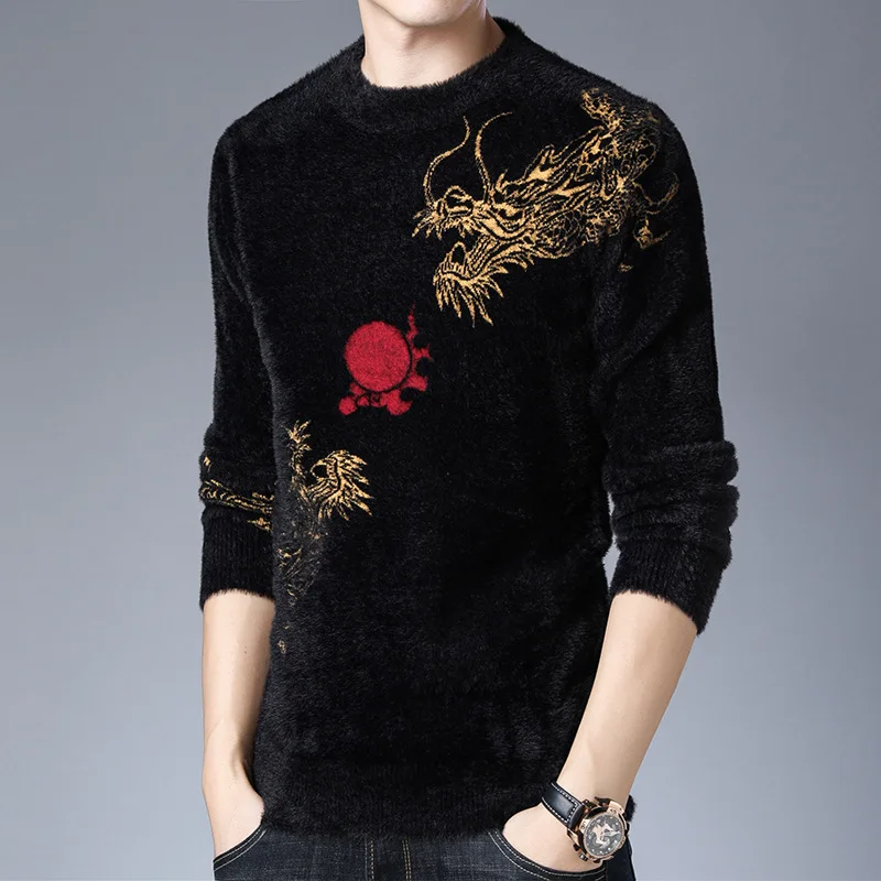 Chinese Style Crane Pattern Sweater Men Fashion Casual Pullover Winter Quality Velvet Soft Comfortable Knitted Luxury Pull Homme 5