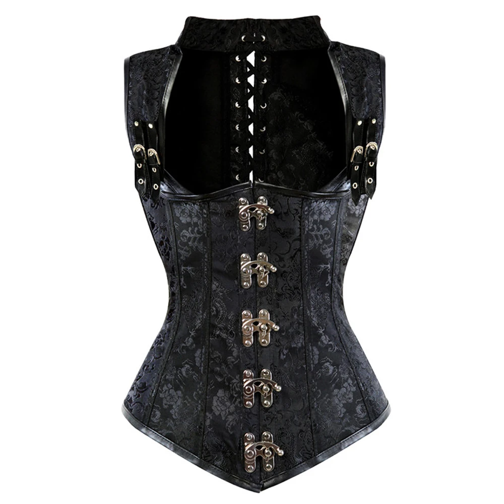 

2021 Women's Steampunk Steel Boned Waist Training Brocade Corset Slimming Gothic Underbust Sexy Black Strap Corsets Bustiers Top