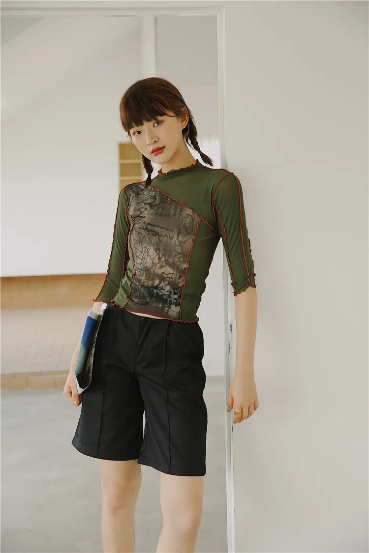 CHEERART Vintage Mesh Crop Top T Shirt Women Printed Tshirt Summer High Neck Top Tee Shirts Femme Designer Ladies Top Aesthetic