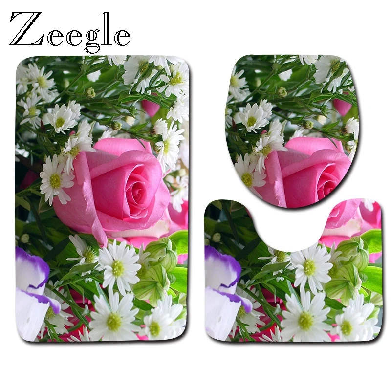 Zeegle 3pcs Bath Mat Set Flower Printed Carpet for Bathroom Anti Slip Bath Shower Mat Toilet Pedestal Rug Absorbent Toilet Set