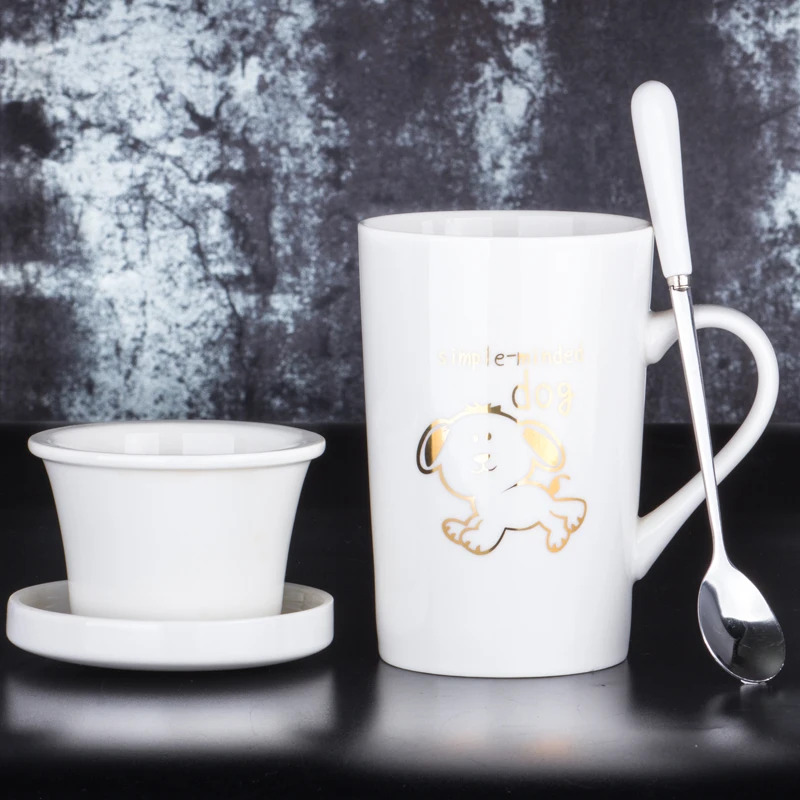 Креативная мультяшная 12 зодиакальная керамическая чашка индивидуальная чайная чашка с крышкой Ложка кофейная чашка офисная чайная чашка - Цвет: Светло-серый