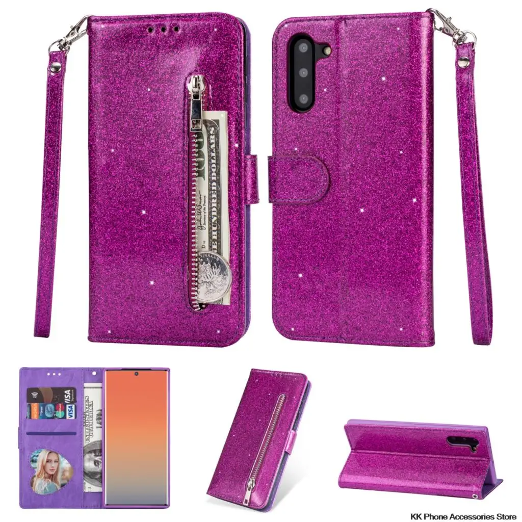 

Glitter Zipper Flip Leather Wallet Phone Case For Samsung Note 10 Plus 10+ 9 8 A70 A60 A50 A40 A30 A20E A10 A5 A6 Plus A7 Case
