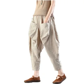 

Summer Spring Womens Striped Khaki Gray Elastic High Waisted Linen Ankle Length Pants Pleated Harem Trousers For Women AA138S30