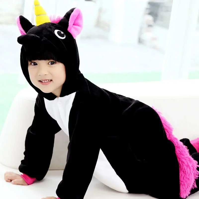 

New Autumn Winter Children Cartoon Animal Unicorn Pajamas Flannel Home Wear Cosplay Horse Warm Jumpsuits For Kids Girl Boy