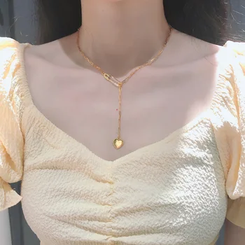 

Korea Metal Heart-Shaped Pin Necklace Female European and American Non-Mainstream Design Fashion Clavicle Chain 18 K Gold