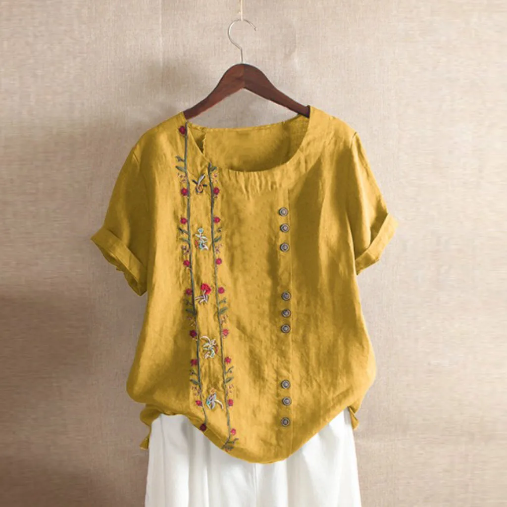 @ Plus Size M-5xl Summer Women Blouse Linen Bohemian Floral Embroidered Loose Tops Short Sleeves Blusas Mujer | Женская одежда