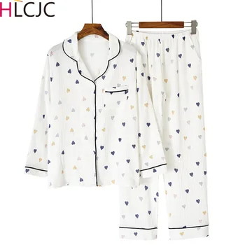

Heart Print Spring Cotton Crepe Pajamas for Women Long Sleeve Pants Loungewear Pijama Mujer Sleepwear Home Clothes Pyjamas Femme