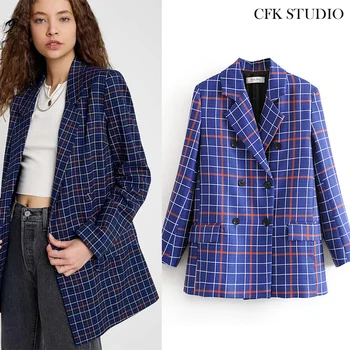 

Za 2020 Women Blazer with Turn-down Collar Plaid Print Double Breasted Pocket Vintage Loose Jacket Femme Blue Oversize Coat