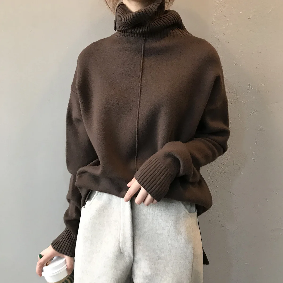 Mooirue осень Femme Kawaii вязаный свитер шикарный с высоким воротом длинная теплая Свободная верхняя одежда Feminino белый пуловер
