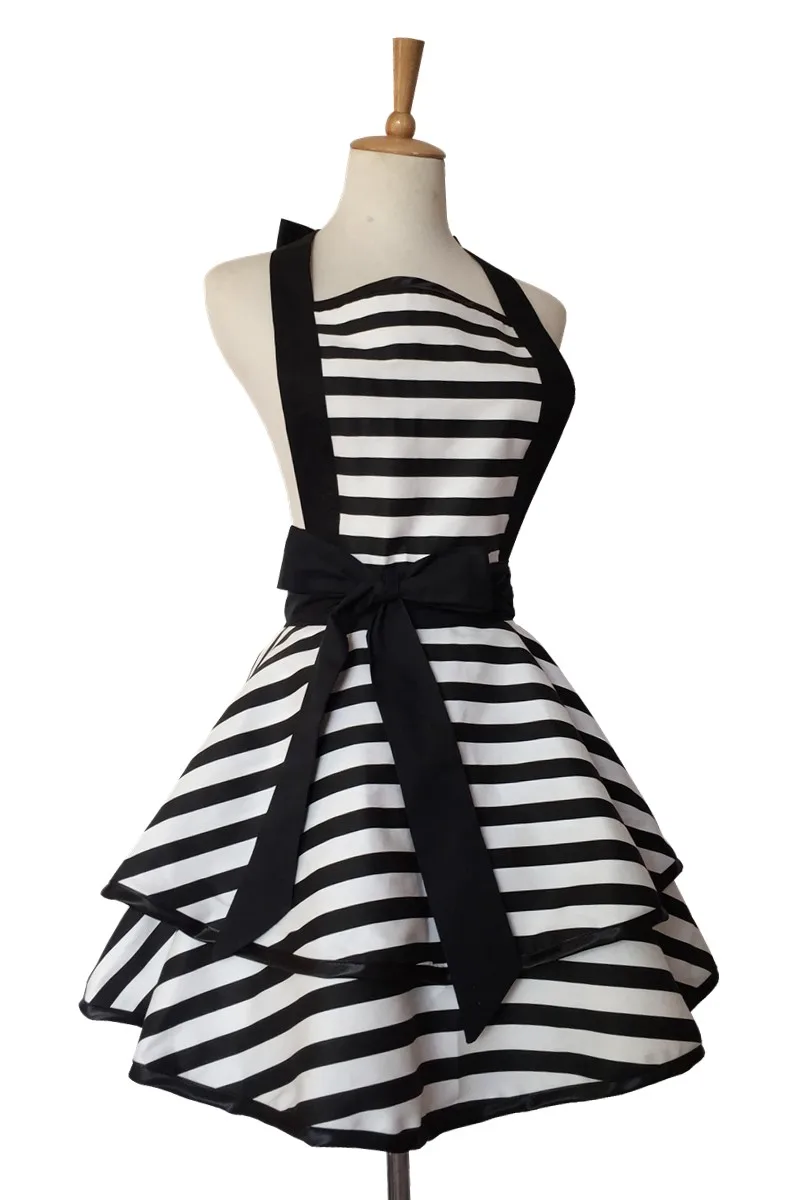 Vintage Retro Black White Striped Double Layer Cooking Pinafore Apron for Women Girl BBQ Baking Pastry Work Clothes C1A5