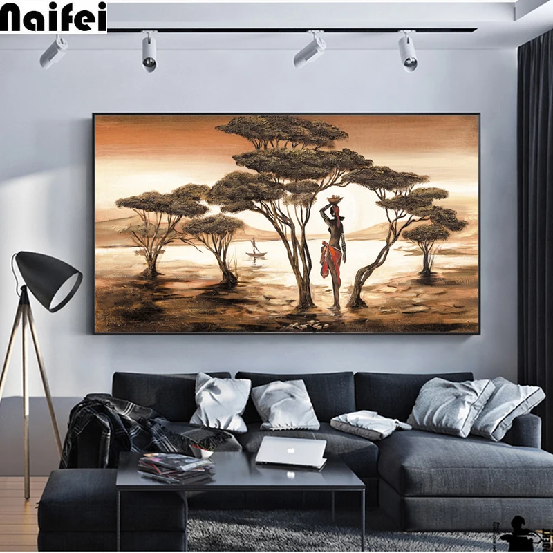 African-Woman-Paintings-On-The-Wall-Classical-Sunset-Landscape-Wall-Art-Canvas-Prints-And-Posters-Cuadros