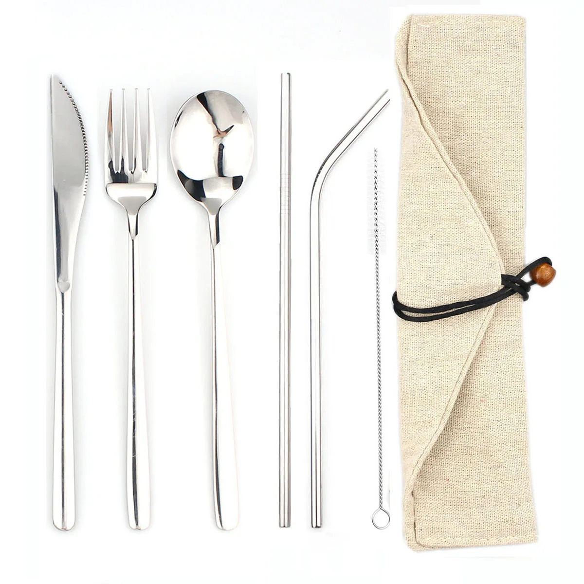 6pcs Dinnerware Set Travel Camping Cutlery Set Reusable Silverware with Metal Straw Spoon Fork Chopsticks a Portable Case Pouch