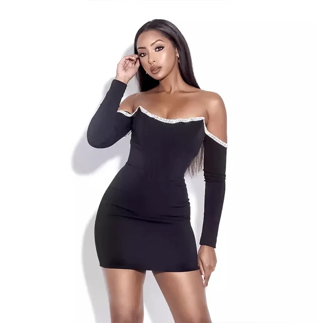 Sexy V-Neck Long-Sleev'd Off-Shoulder Velvet Mini-Dress 3