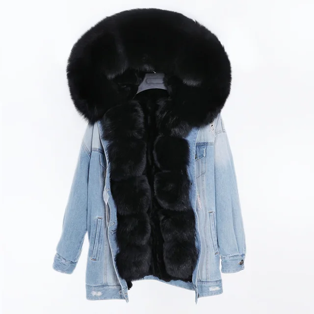 2020 real fur coat big natural fox fur collar winter jacket rabbit fur  liner women detachable Denim jacket|Real Fur| - AliExpress
