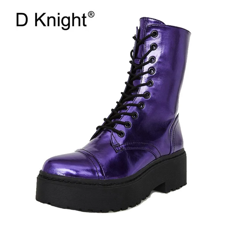 

Size 44 Motorcycle Boots Ladies Vintage Combat Autumn Boots Punk Goth Women Boot Patent Leather Women Short Platform Boots Shoes