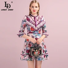LD Linda della осеннее женское платье модный Дизайнерский Костюм с расклешенными рукавами; роскошное кружевное с принтом элегантные облегающие Женские Платья