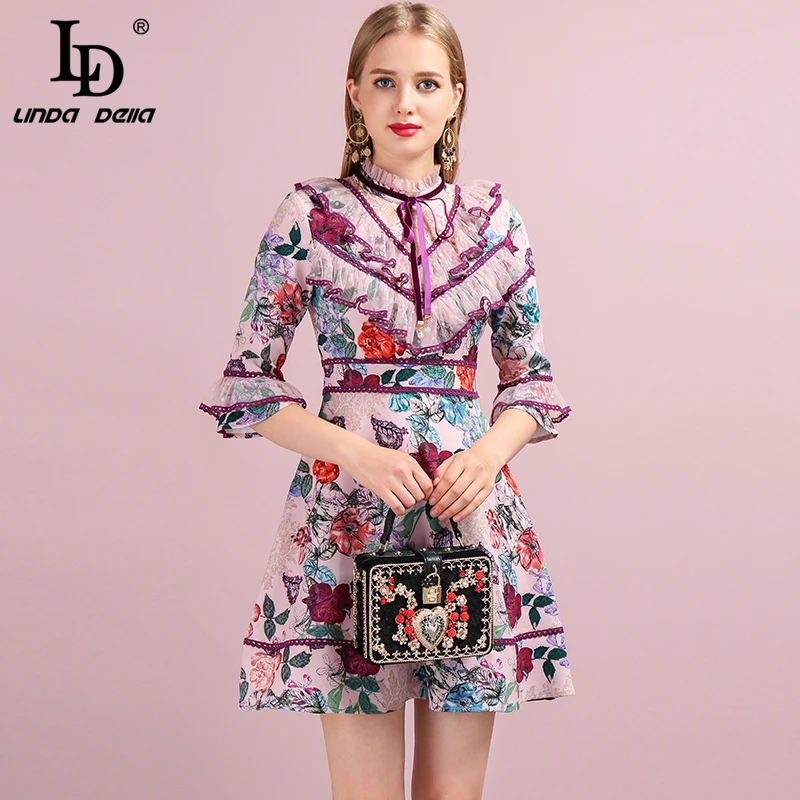LD LINDA DELLA 2019 Herfst Vrouwen Jurk Runway Fashion Designer Flare Mouw Prachtige Kant Gedrukt Elegante Slim Lady Jurken LD LINDA DELLA 2019 Herfst Vrouwen Jurk Runway Fashion Designer Flare Mouw Prachtige Kant Gedrukt Elegante Slim Lady Jurken