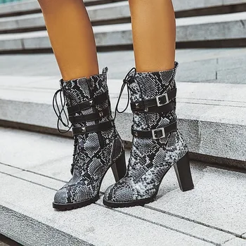 

US4-13 Womens Pointed Toe Snake Pattern Belt Buckle Ankle Boots Rivet Stud Block High Heel Lace Up Zipper Shoes Punk Plus Size