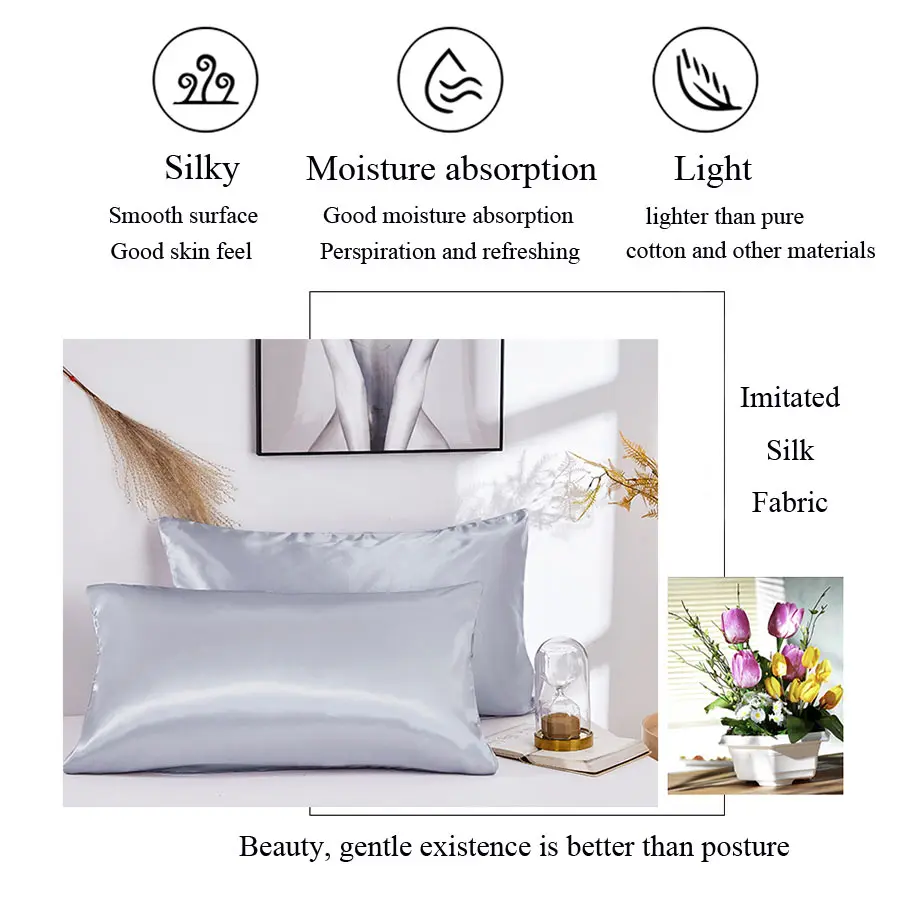 Solid Silk Pillowcase Slip Imitated Mulberry Plain Bed 100% Satin Queen Pillow Case Cover King Twin Home White Soft Comfortable