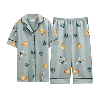 

Green Top New Buttons Capris Turn Down Collar Printing Pajamas Set Homesuit Homeclothes Fashion Style Short Sleeve Sleepwear