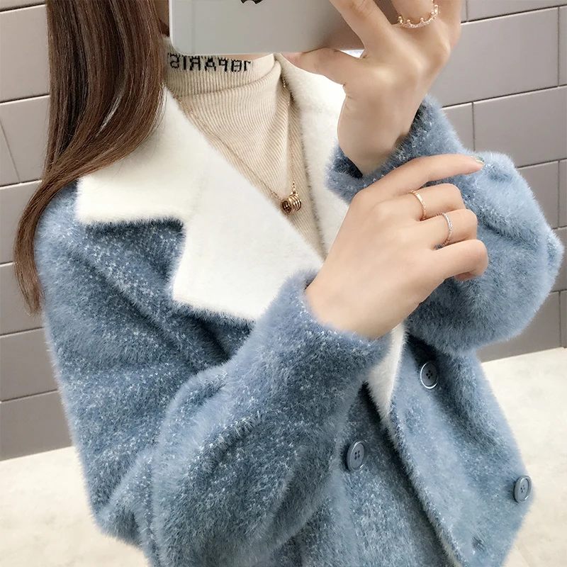 

Women's Imitation Mink Wool Sweater Coat 2021 Autumn Winter Jacket Short Loose Lamb Woolen Coat Korean Long Sleeve Cotton Coat