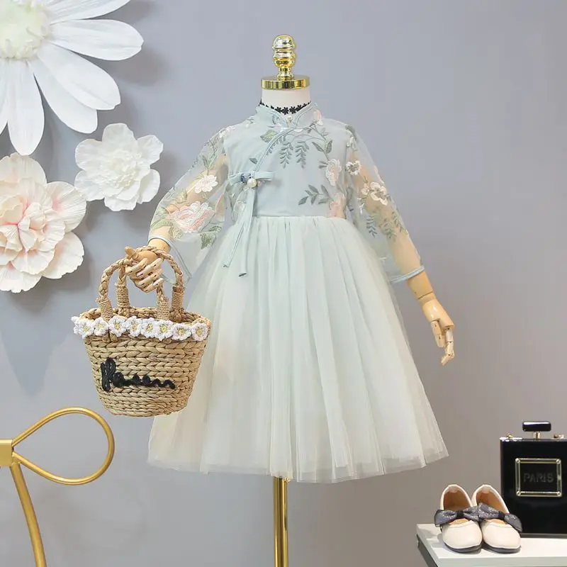 Spring Girls Princess Dress Long Sleeve Children Clothing Floral Sweet Family Party Wear Tulle Baby Girls Dress Vestidos 3-14Y