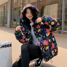 Korean Version of Cartoon Graffiti Down Cotton Clothing Fashion Loose Thick Female Hiterary Cute Hooded Short Cotton Clothing