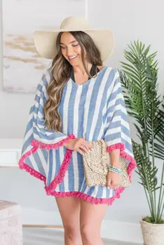 

Plus Size Women Summer Beach Loose Bikini Cover Up Kaftan Boho Stirpe Tassel Cover Up Swimwear Bathing Suit