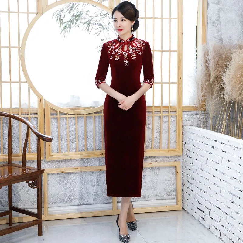 M-4XL, сексуальное женское велюровое платье Cheongsam в винтажном китайском стиле с воротником-стойкой, длинное платье Qipao, тонкое вечернее платье на пуговицах, Vestido - Цвет: Бургундия