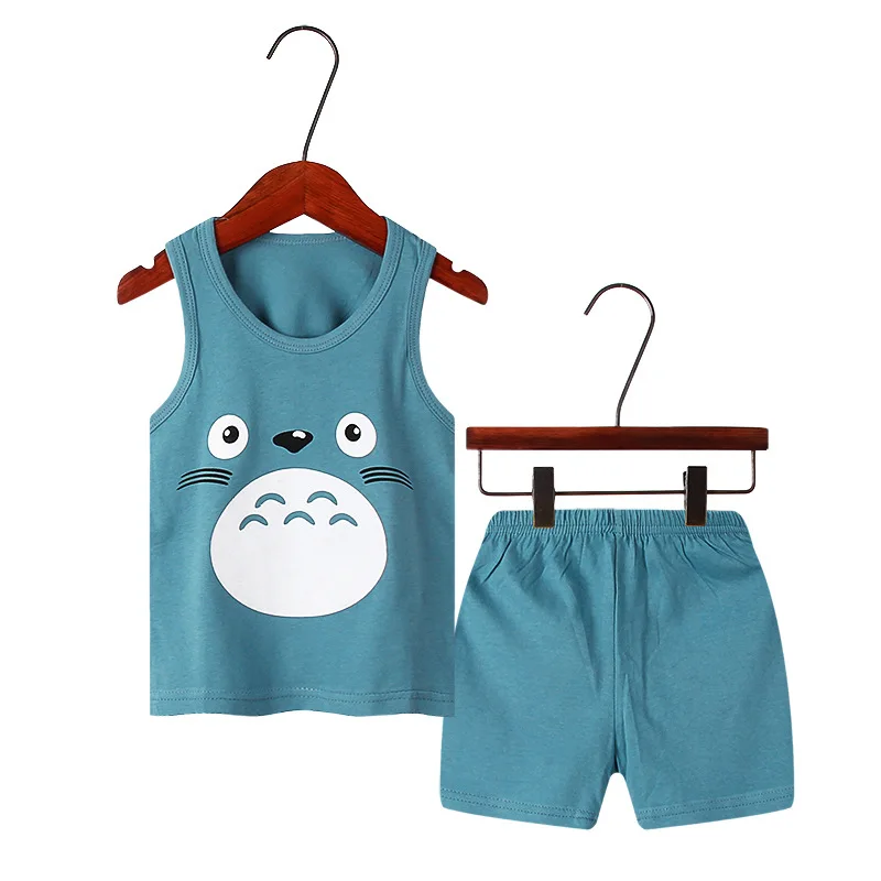Conjunto de pijamas de verano para niños y niñas, chaleco, Tops + Pantalones cortos, ropa de dormir, dibujo de Totoro de algodón