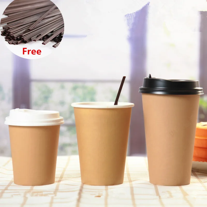 

50pcs Kraft paper single layer thicken disposable coffee cup 8oz/12oz/16oz milk tea juice drink takeaway packaging cups with lid
