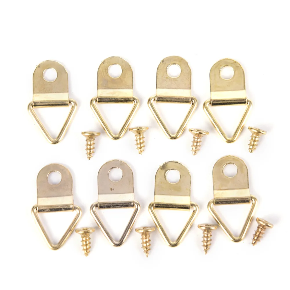 100pcs/Set Universal Strong Golden D Rings Decor Picture Frames Hanger Hooks Hanging Triangle With 100pcs Screws  Helper