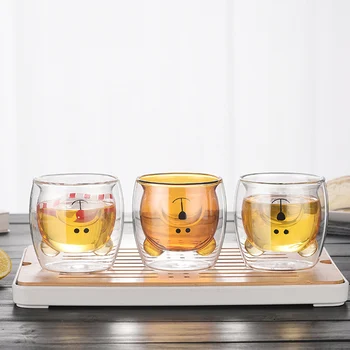 

Set of 2-230ml cute animal shaped double layer glass high quality Transparent whiskey shot glass office coffee drink cups GLA-17