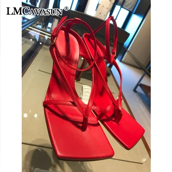 

LMCAVASUN 2019 New Spring Summer Square Toe Pu Leather Buckle Strap Narrow Band Thin High Heels Sandals Women Fashion Tide