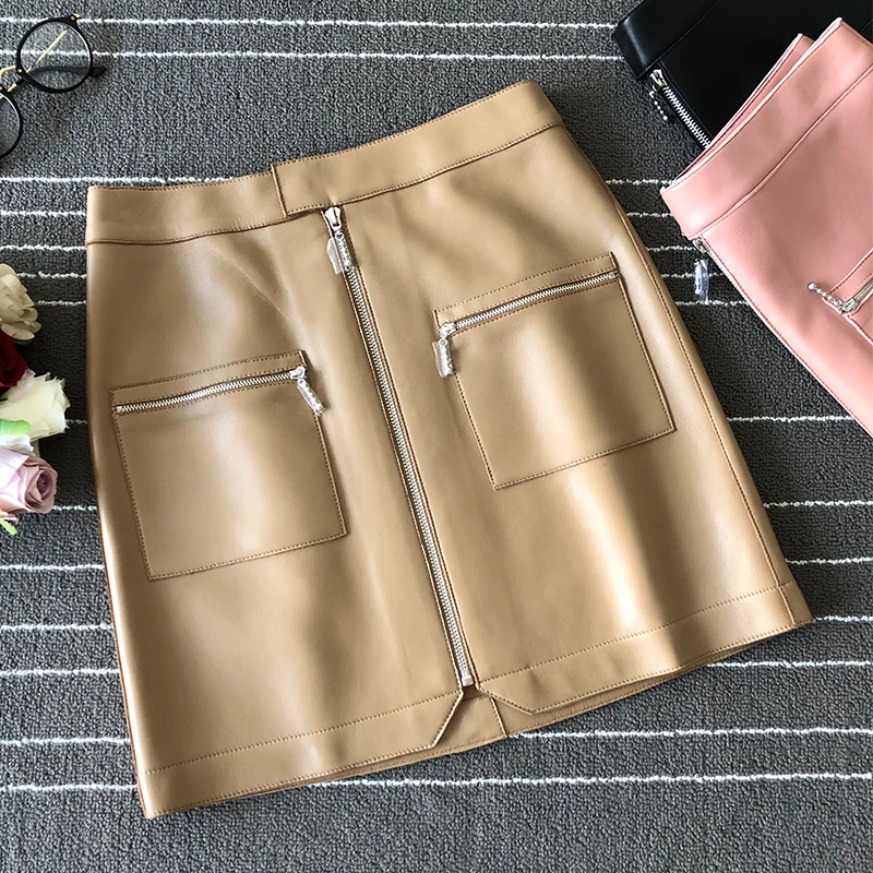 

Women Brand new high quality real leather skirts 2019 autumn women's high waist pockets A-line leather skirt A956