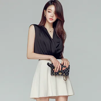 

2020 Summer Sleeveless V-Neck Black Blouse Office Shirt High Waist A-Line Mini Skirt Two Piece OL Women Suit Dress