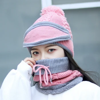 

New Windproof Beanies Hat Women Warm Knit Hats Scarf Sets Female Winter Padded Mask Neck Protector 3 PC Set Cycling Wool Caps