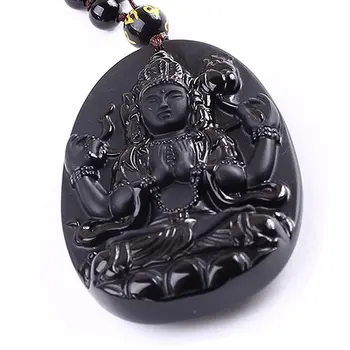 

LETSFUN Fine Jewelry Natural Genuine Obsidian Four-armed Kwan-Yin Avalokitesvara Pendant Necklace Free Shipping