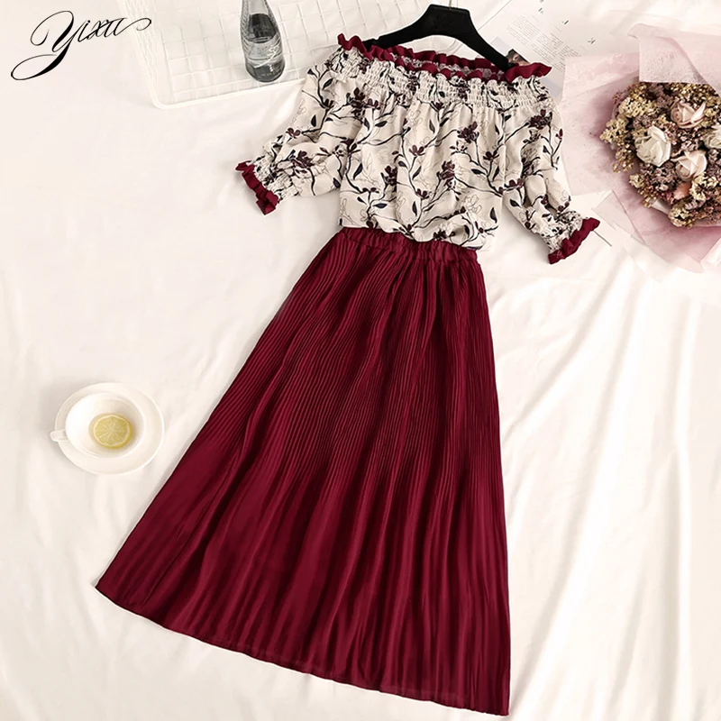 

Summer Woman Chiffon Two-pieces Suits Printed T-shirt + Pleated Skirt Set for Woman Casual Female Fashion Sets for Lady