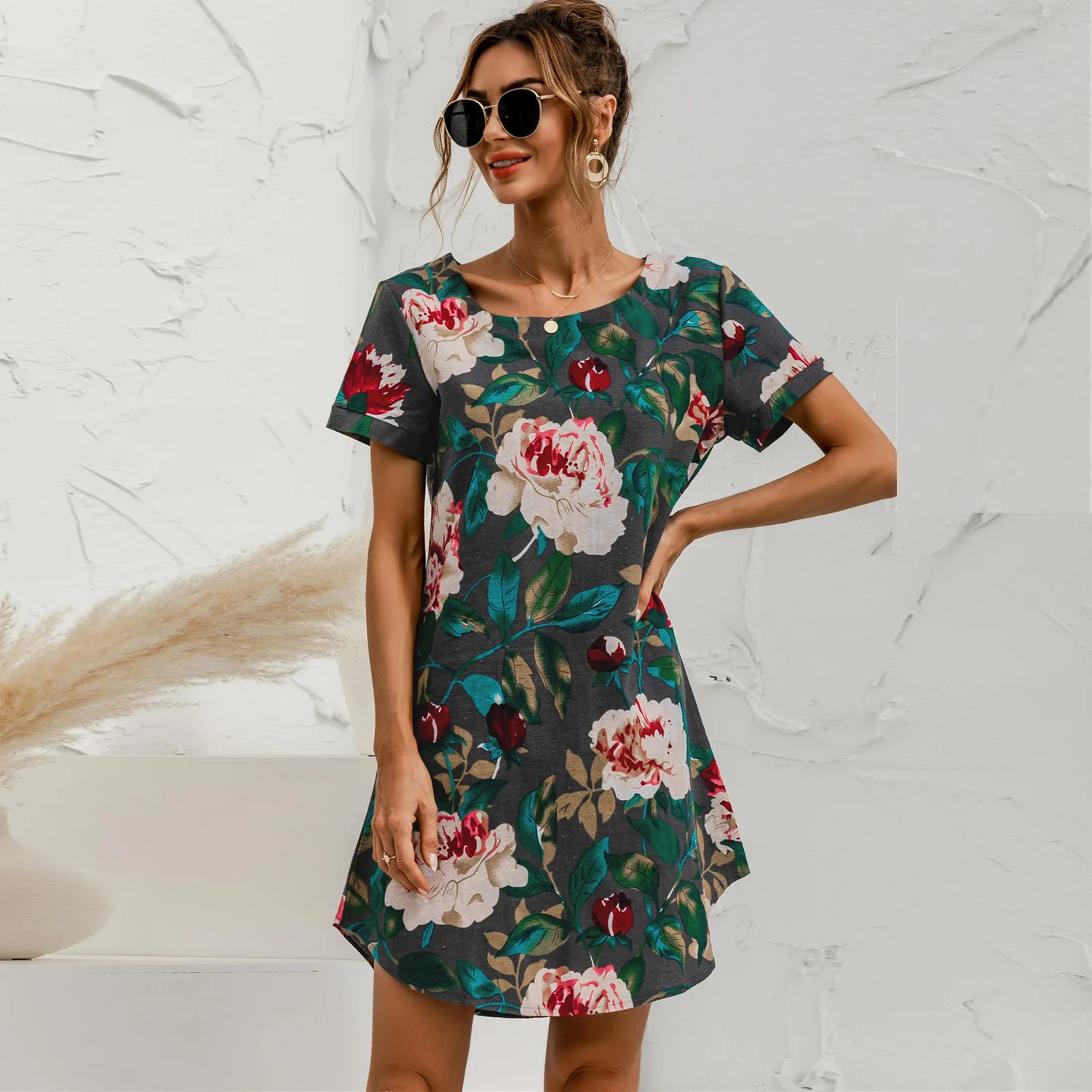 

Floral Print Cotton Linen Women's Dress Summer Vintage Casual O Neck Short Sleeve Loose Straight Mini Dresses Vestidos Plus Size