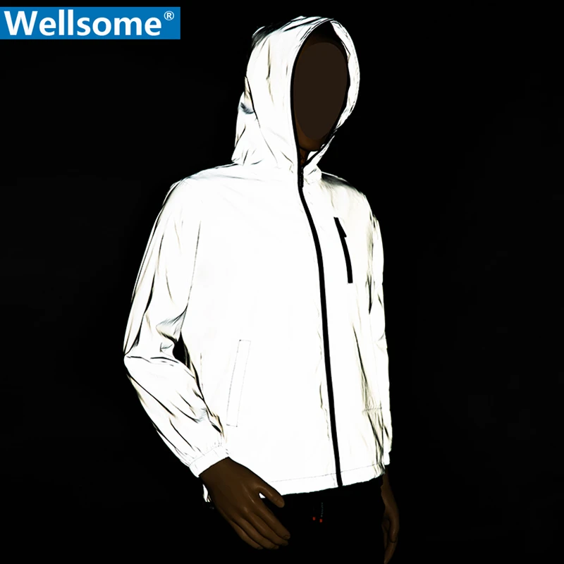 Mens Jackets Coats Harajuku Full-Reflective-Jacket Streetwear Women Hooded Zipper Hip-Hop