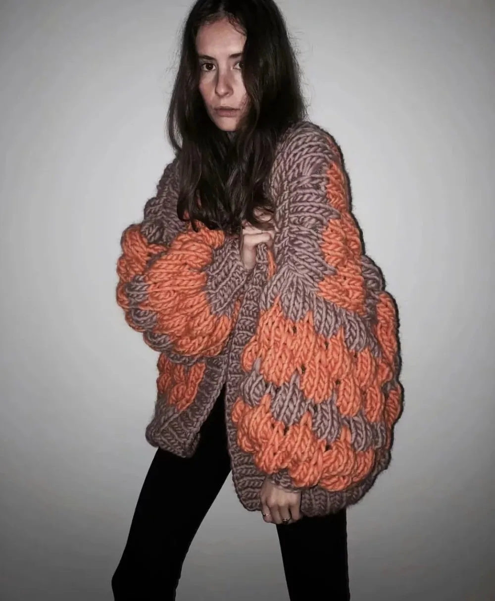 Увядший фон примерочная фэшн-блоггера в винтажном стиле волнистые жаккардовые толстые теплые зимние свитера для женщин ручной вязки свитер большого размера женские кардиганы