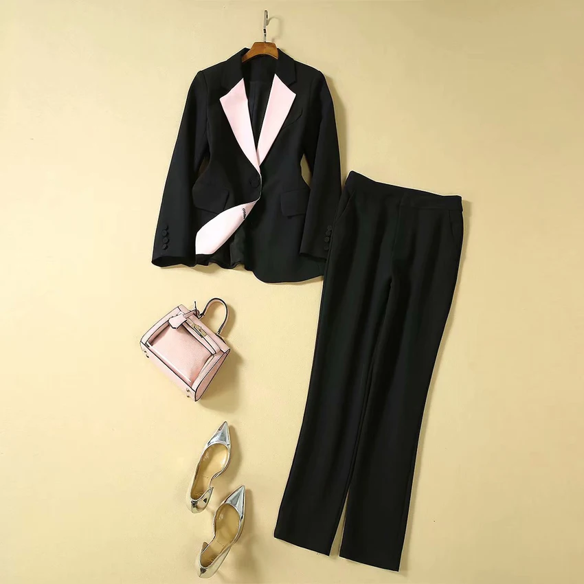 

HIGH QUALITY New Fashion 2019 Designer Suit Set Women's Elegant Cloth Buttons Pink Patchwork Black Jacket Blazer And Pants Sets
