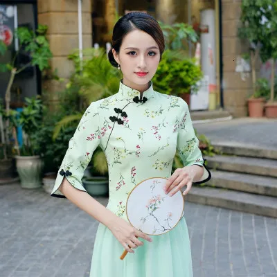 Sheng Coco Traditional Chinese Clothing Women Fresh Cheongsam Jacket Printing Qipao Top Retro Hanfu Clothing Camisa China Mujer - Цвет: green qipao tops