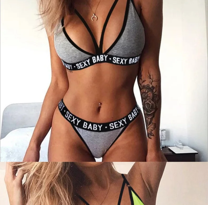 lounge underwear set BIBI UBRA Sexy Women's Sports Underwear Set Girl Sexy Bandage Corset Letter Backless Push Up Bra+thong Panties Solid Lingerie lace bra set