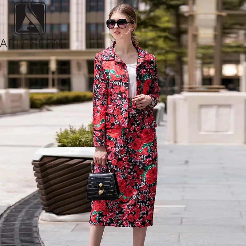 AELESEEN 2020 Nieuwe Ontwerp Landingsbaan Bloemen Office Lady Twinset Vintage Stijl Enkele Breasted Korte Top + Midi Rok Pak Vrouwen AELESEEN 2020 Nieuwe Ontwerp Landingsbaan Bloemen Office Lady Twinset Vintage Stijl Enkele Breasted Korte Top + Midi Rok Pak Vrouwen