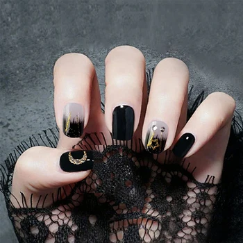 

24pcs/Set Punk Black Glitter Fake Nails Short Pre-design Gold Moon Star Decal False Nails Acrylic Finger Manicure Nail Art Tips
